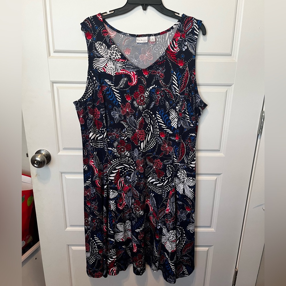 Kim Rogers curvy 2xl sleeveless knee length dress. Navy Blue with Red pattern